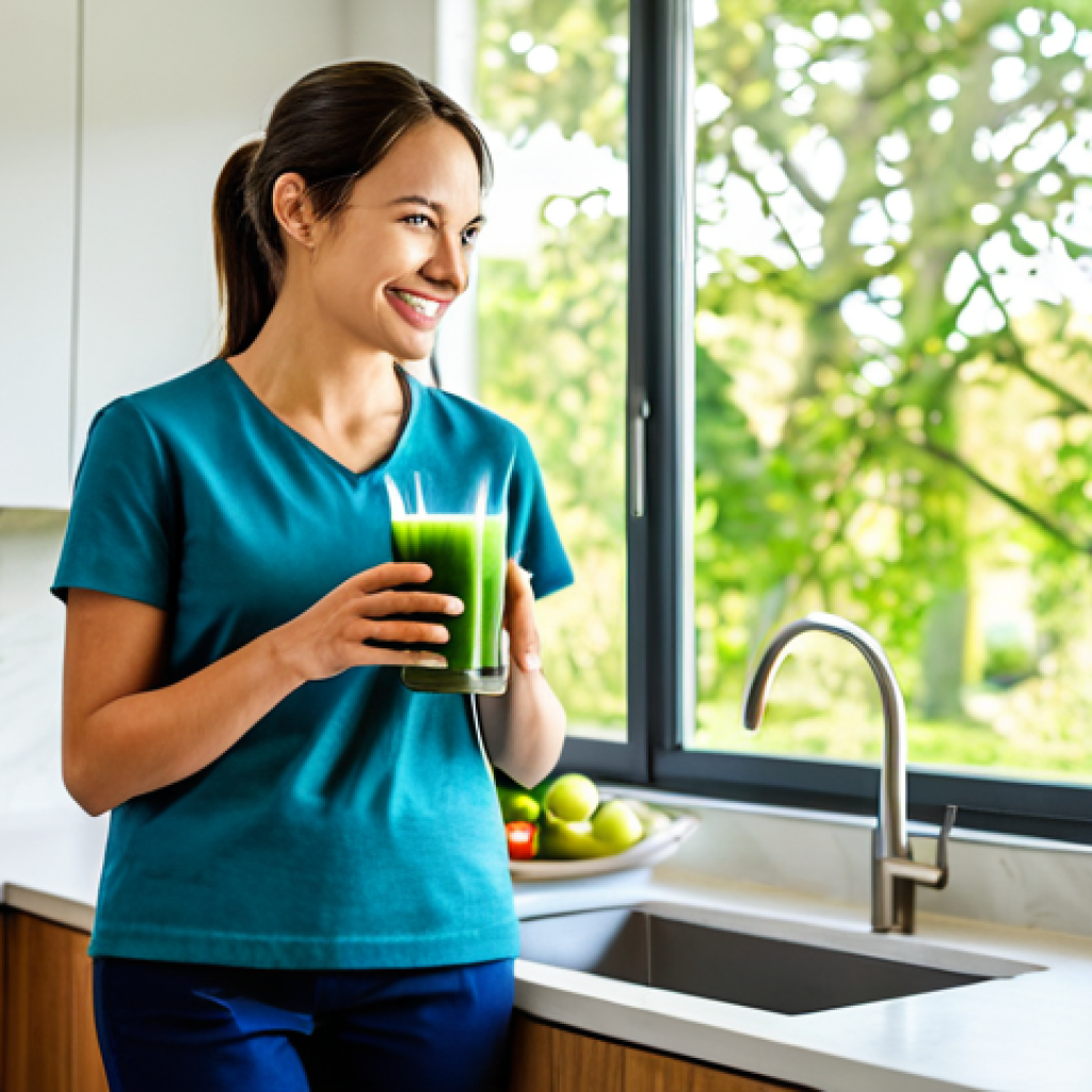A professional, adult individual, fully clothed in modest, comfortable smart-casual attire, holding a glass of vibrant green juice with fresh ingredients in a bright, modern kitchen. In the background, a large window reveals a serene, lush park with trees and a walking path, symbolizing outdoor activity and connection to nature. The person has a calm, confident, and approachable expression, representing well-being and active health management. The scene is well-lit with natural light, depicting perfect anatomy, correct proportions, natural pose, well-formed hands, proper finger count, and natural body proportions. Professional photography, high quality, safe for work, appropriate content, family-friendly, professional.