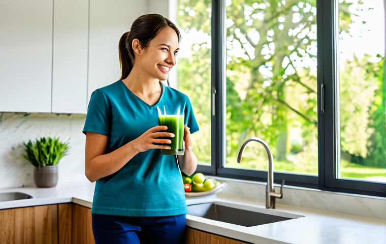 A professional, adult individual, fully clothed in modest, comfortable smart-casual attire, holding a glass of vibrant green juice with fresh ingredients in a bright, modern kitchen. In the background, a large window reveals a serene, lush park with trees and a walking path, symbolizing outdoor activity and connection to nature. The person has a calm, confident, and approachable expression, representing well-being and active health management. The scene is well-lit with natural light, depicting perfect anatomy, correct proportions, natural pose, well-formed hands, proper finger count, and natural body proportions. Professional photography, high quality, safe for work, appropriate content, family-friendly, professional.