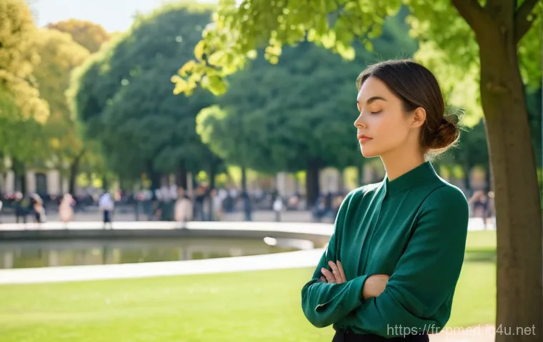 예방의학 전문가의 추천 도구 - **A Serene Moment of Body Awareness in a Parisian Park.**
    A graceful young woman in her late 20s...