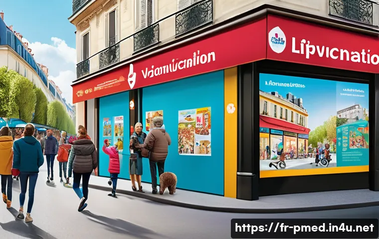 예방의학과 보건행정의 차이점 - A vibrant French public health campaign scene in a busy urban setting, featuring diverse people of a...