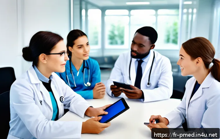 예방의학 전문가의 글쓰기 스킬 - A professional healthcare communication scene featuring a diverse group of French-speaking medical p...
